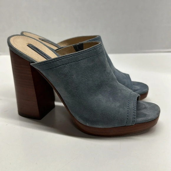 Frye Karissa Suede Mule Open Toe Slip On High Heel Sandal Shoe Blue Brown Size 6 - Picture 2 of 10